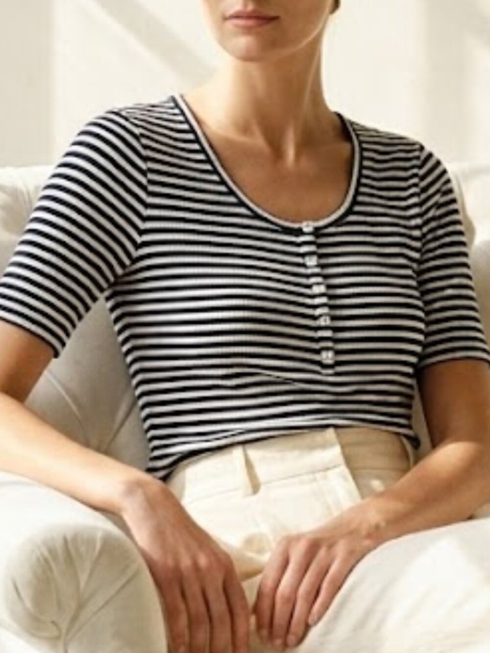 J. Crew Navy/White Sriped Ribbed Button Henley Nautical Coastal Size Medium